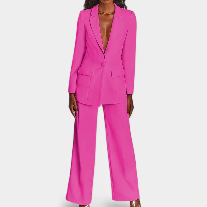 Women's Tailored Blazer Set – Single Button Blazer Wide Leg Pants Set