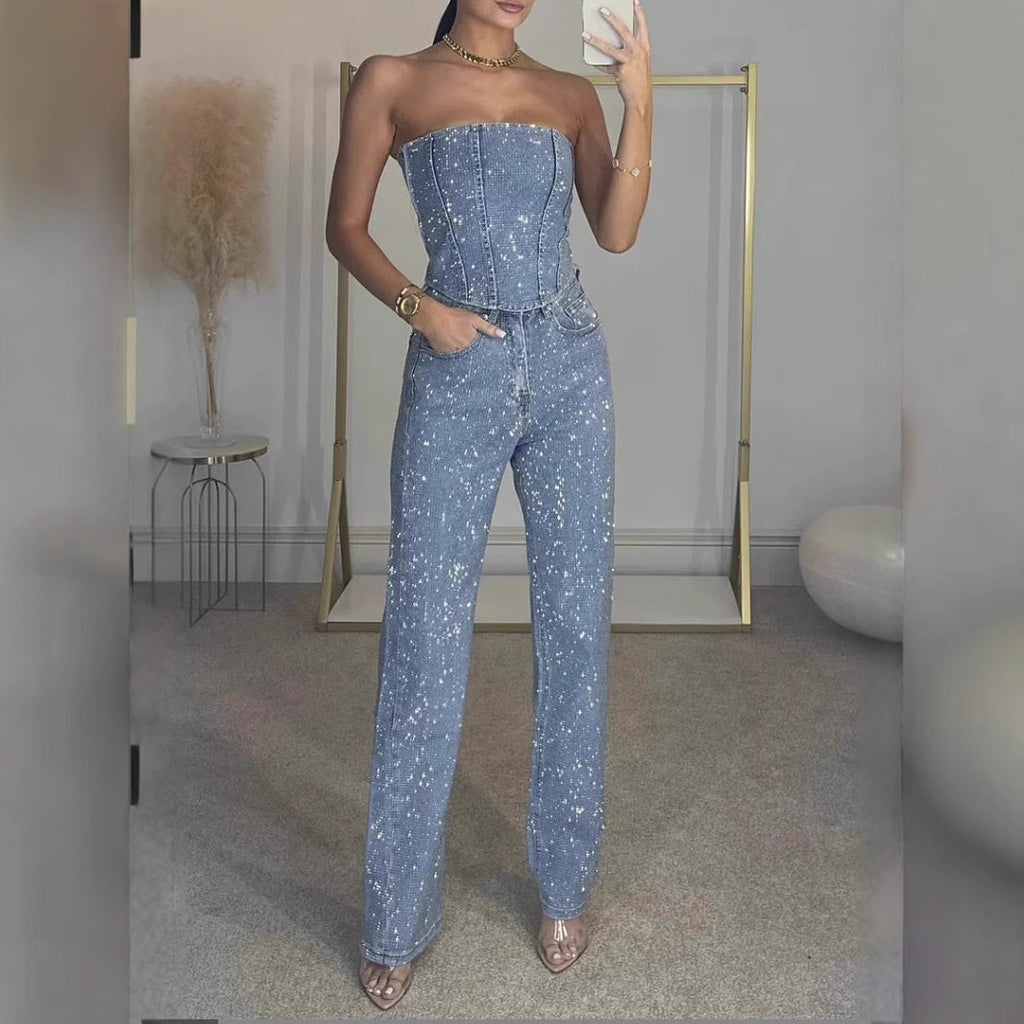 Women's Glitter Pants Set – Strapless Party Set