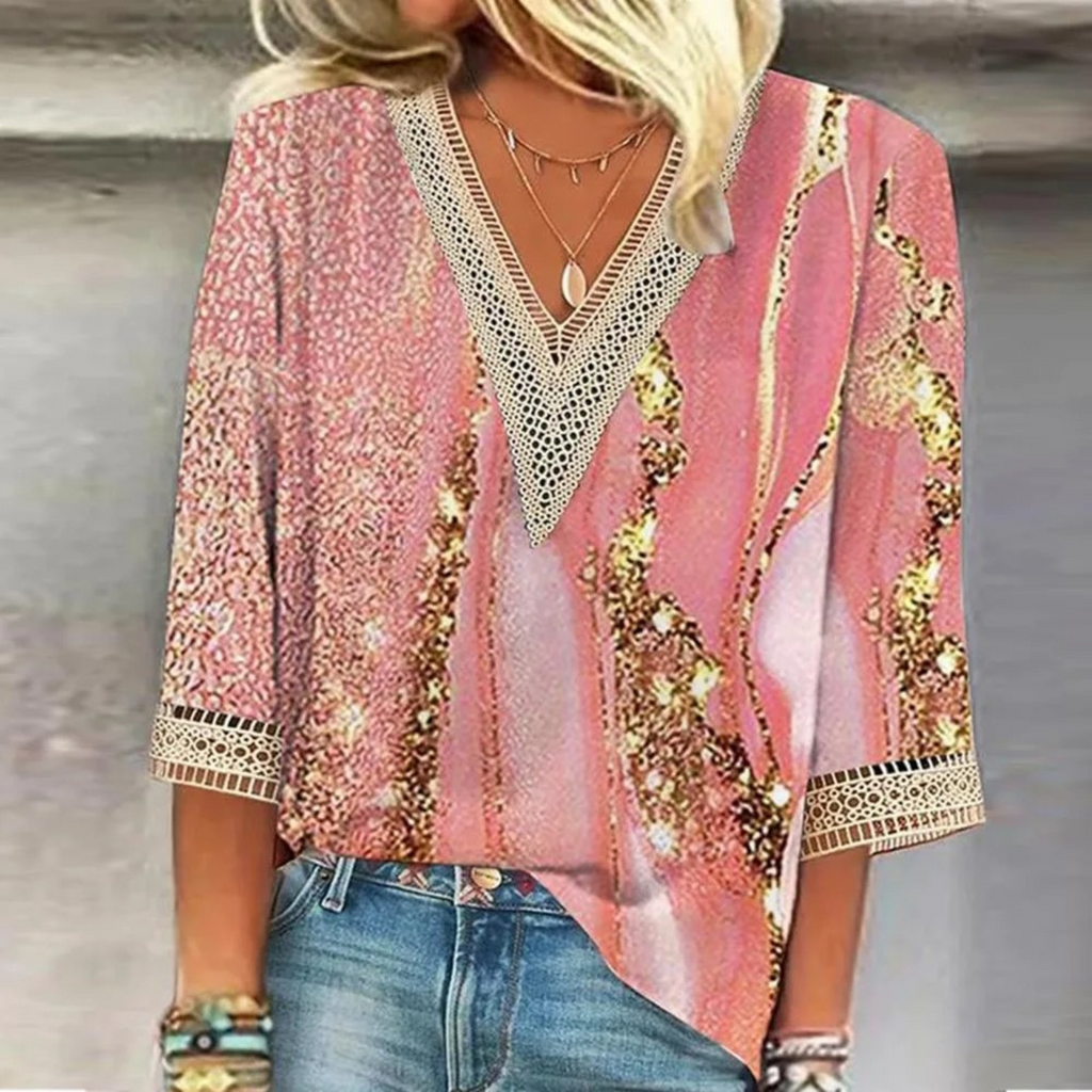 Women's V Neck Blouse with Flowing Fit and Long Sleeves