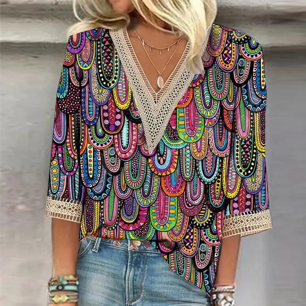 Women's V Neck Blouse with Flowing Fit and Long Sleeves