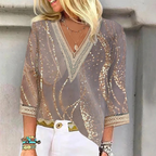 Women's V Neck Blouse with Flowing Fit and Long Sleeves