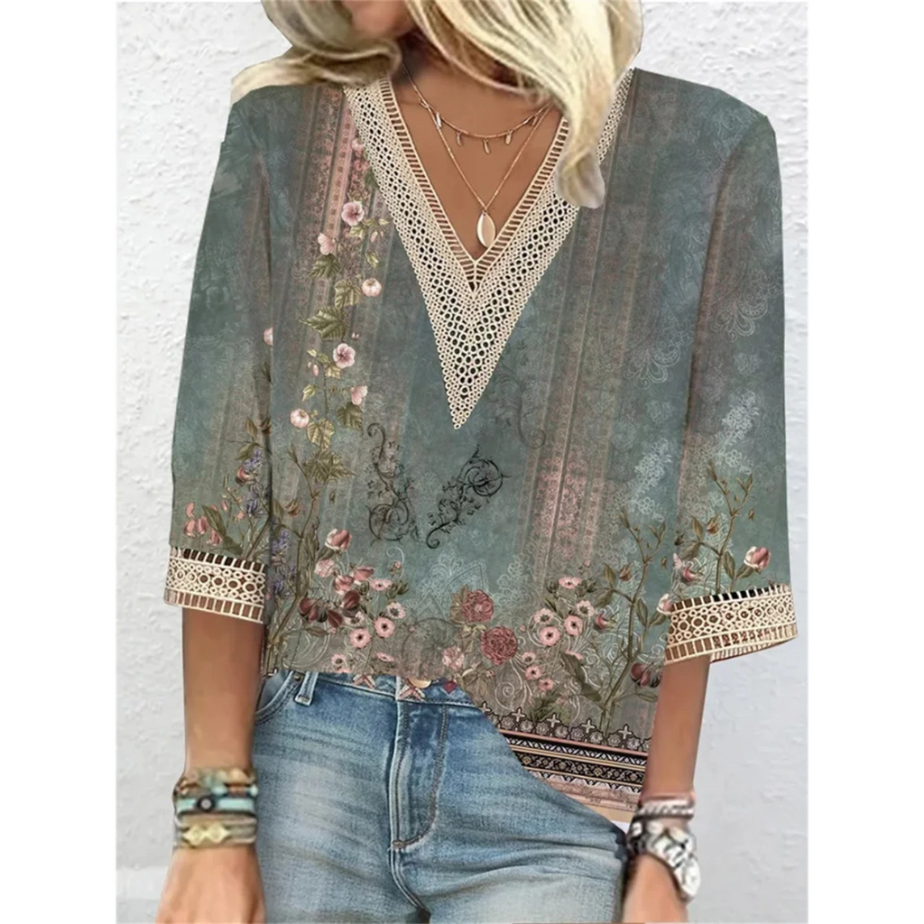 Women's V Neck Blouse with Flowing Fit and Long Sleeves