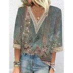 Women's V Neck Blouse with Flowing Fit and Long Sleeves