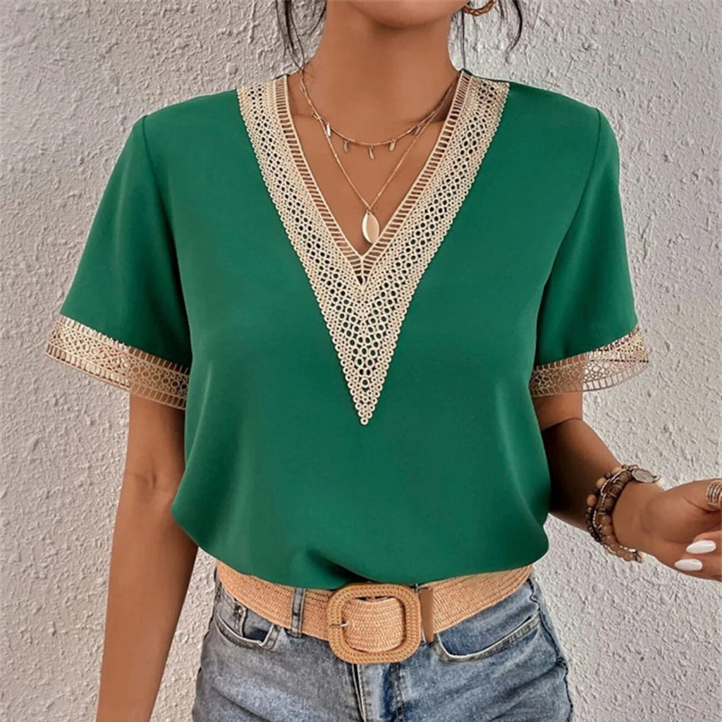 Women's Split Lace Blouse – V-Neck Long Sleeve Lace Panel Blouse