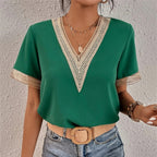 Women's Split Lace Blouse – V-Neck Long Sleeve Lace Panel Blouse