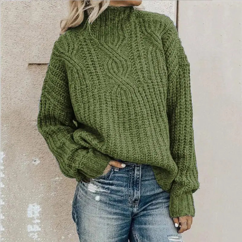 Women's Mock Neck Cable Sweater – Relaxed Winter Knit