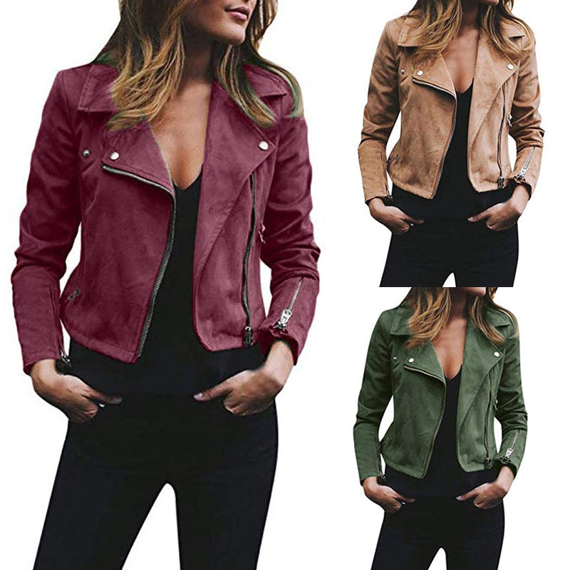 Women's Suede Look Biker Jacket – Zip-Up Moto Jacket