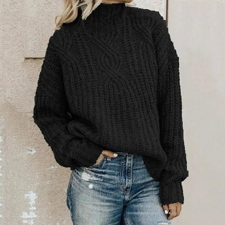Women's Mock Neck Cable Sweater – Relaxed Winter Knit
