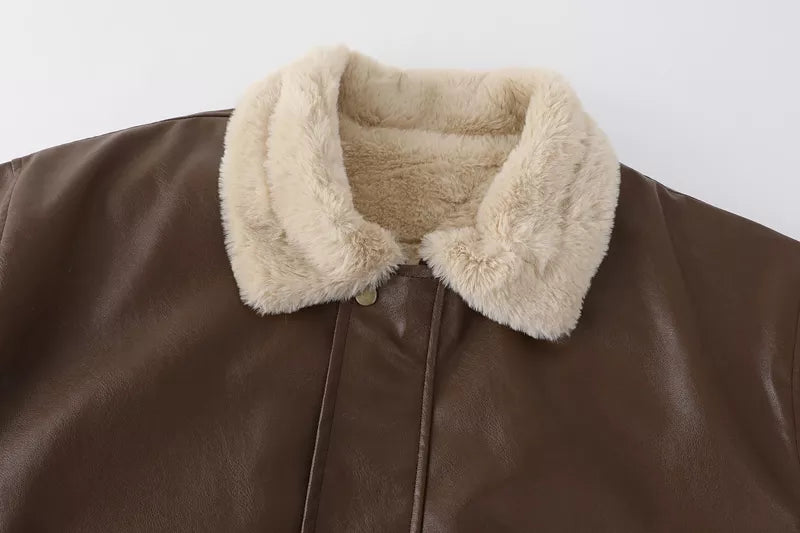 Women's Oversized Faux Leather Jacket – Fleece Lined Winter Jacket