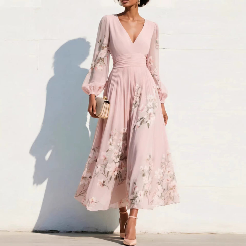 Women's Floral Pleated Wedding Guest Midi Dress – Flowy Summer Occasion Dress