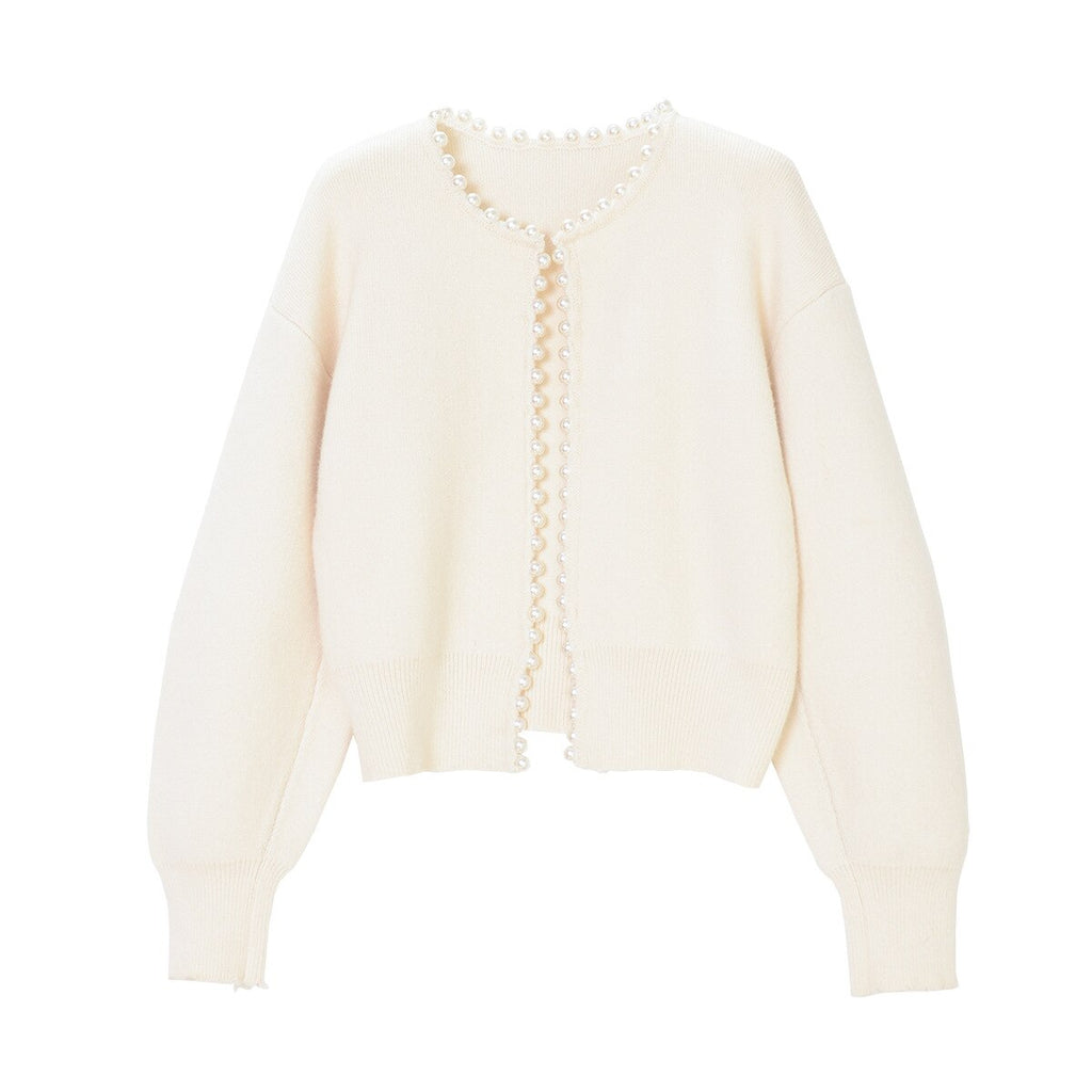 Women's Pearl Embellished Cardigan – V-Neck Decorative Button Front Cardigan