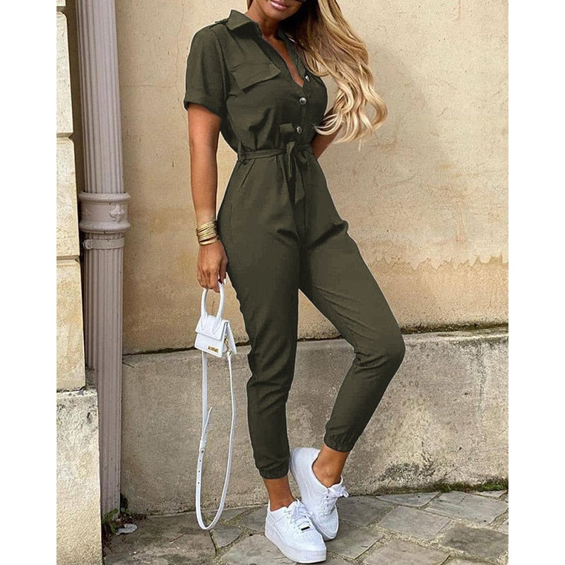 Women's Belted Button Front Jumpsuit – Fitted Formal Evening Jumpsuit