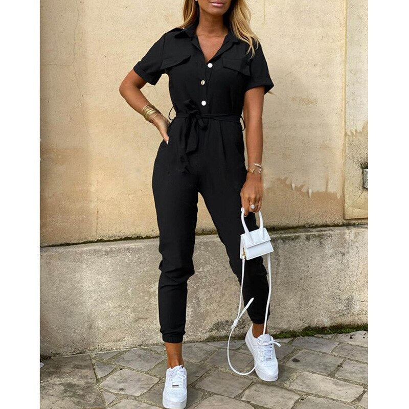 Women's Belted Button Front Jumpsuit – Fitted Formal Evening Jumpsuit