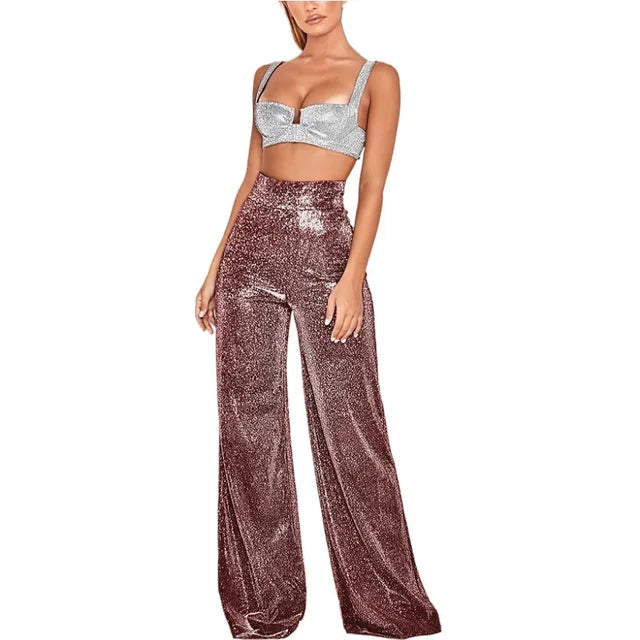 Women's High Waist Glitter Pants – Wide Leg Sparkly Party Trousers