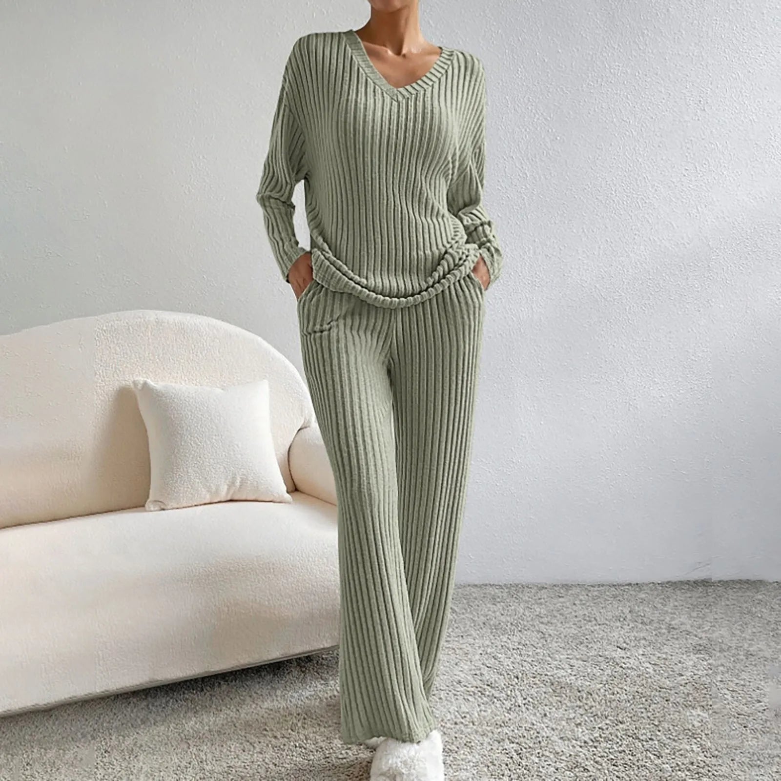Women's Knit House Set – V-Neck Lounge Set