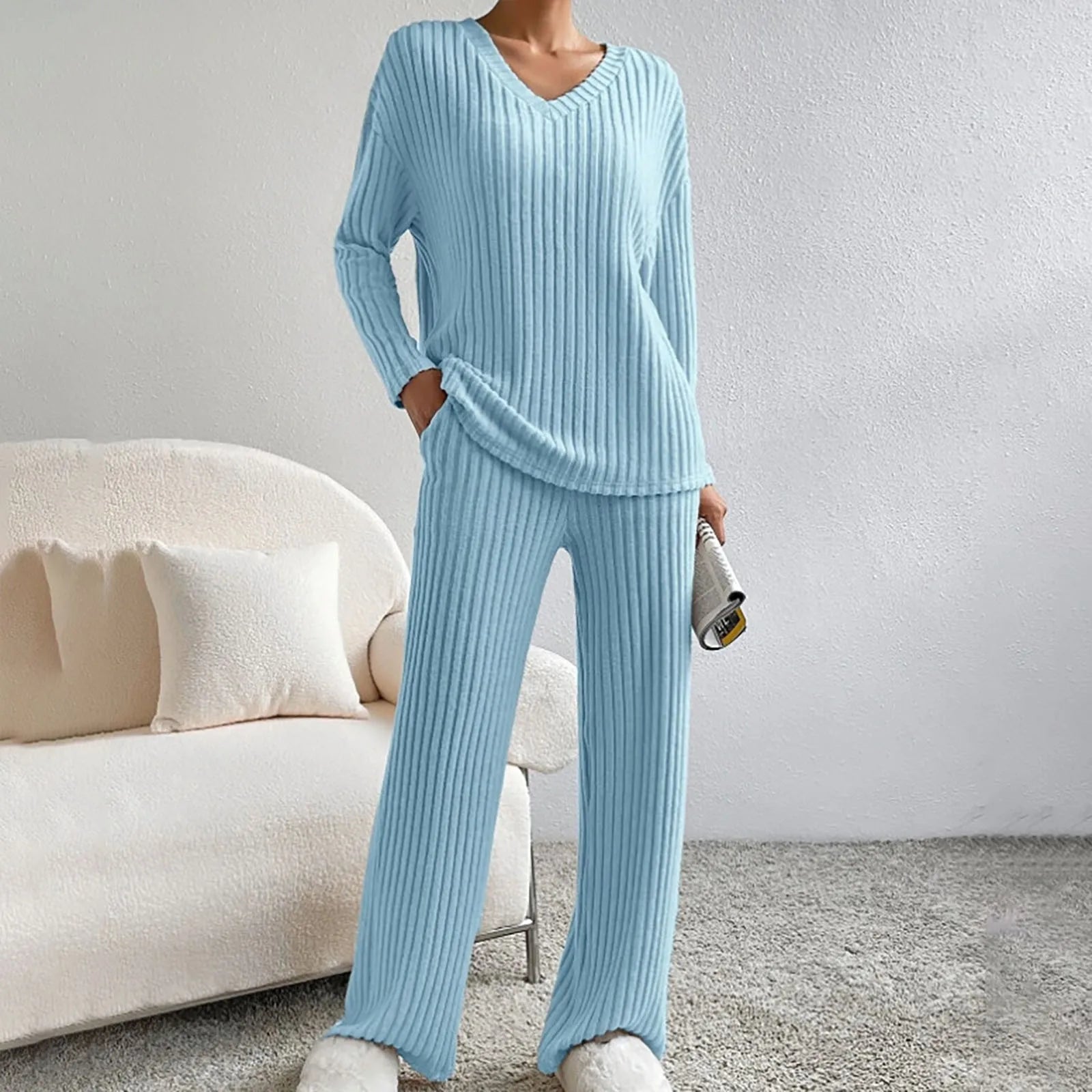 Women's Knit House Set – V-Neck Lounge Set