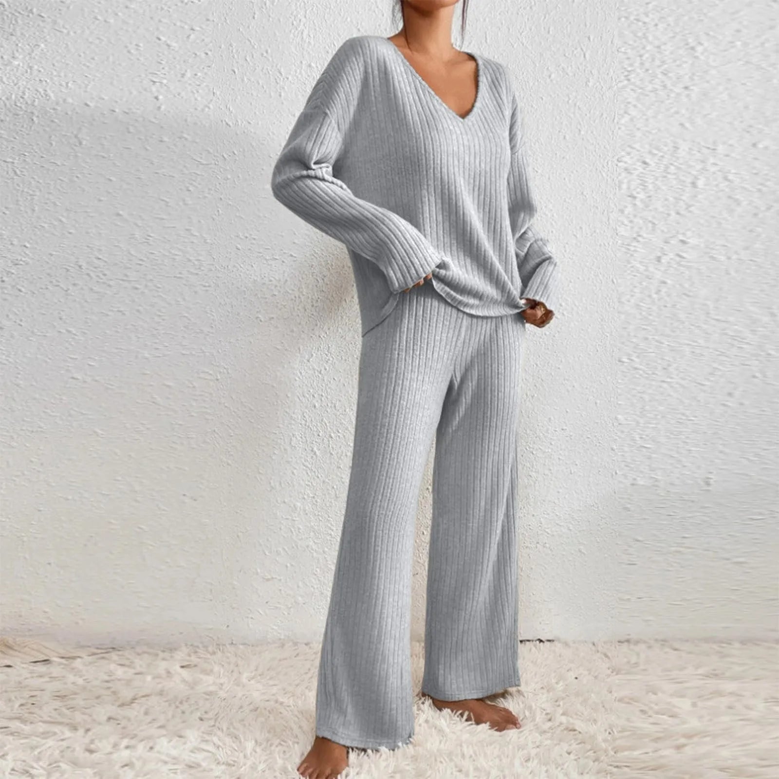 Women's Knit House Set – V-Neck Lounge Set