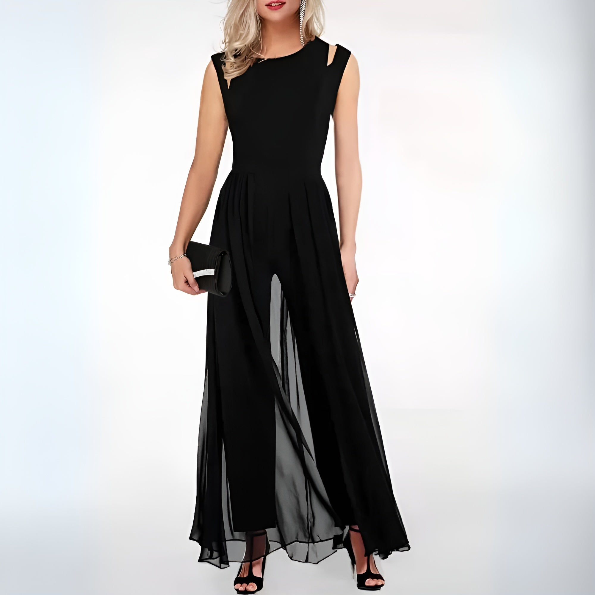 Women's Statement Shoulder Jumpsuit – Sleeveless Wide Leg Occasion Jumpsuit