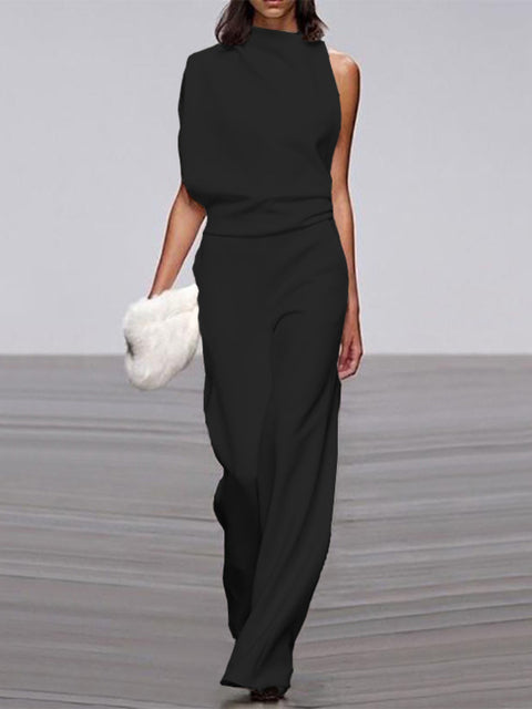 Women's Sleeveless Round Neck Jumpsuit – Flowy Wide Leg Occasion Jumpsuit