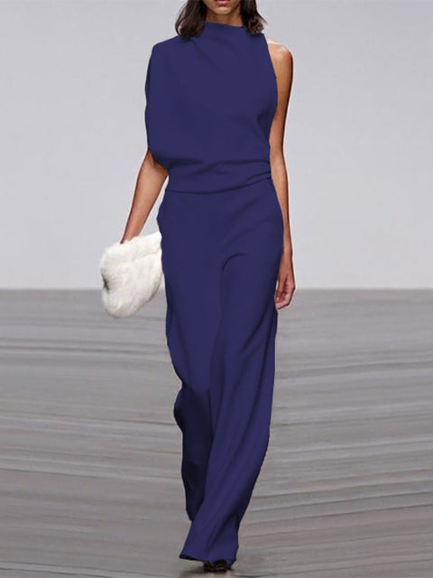 Women's Sleeveless Round Neck Jumpsuit – Flowy Wide Leg Occasion Jumpsuit