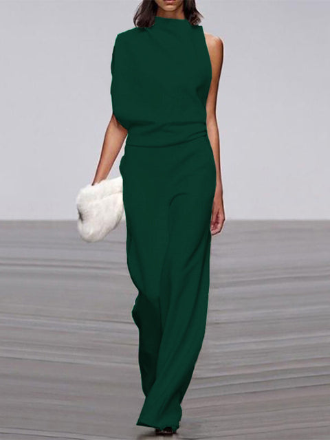 Women's Sleeveless Round Neck Jumpsuit – Flowy Wide Leg Occasion Jumpsuit