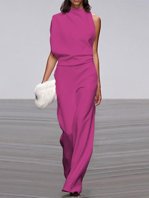 Women's Sleeveless Round Neck Jumpsuit – Flowy Wide Leg Occasion Jumpsuit