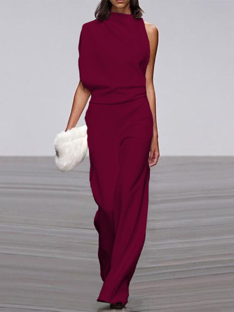 Women's Sleeveless Round Neck Jumpsuit – Flowy Wide Leg Occasion Jumpsuit