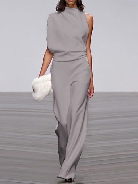 Women's Sleeveless Round Neck Jumpsuit – Flowy Wide Leg Occasion Jumpsuit