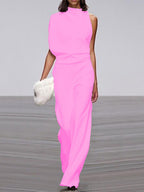 Women's Sleeveless Round Neck Jumpsuit – Flowy Wide Leg Occasion Jumpsuit