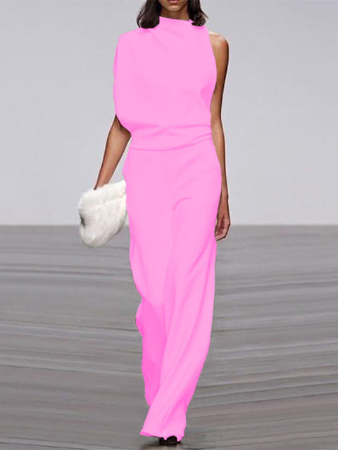 Women's Sleeveless Round Neck Jumpsuit – Flowy Wide Leg Occasion Jumpsuit