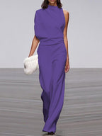 Women's Sleeveless Round Neck Jumpsuit – Flowy Wide Leg Occasion Jumpsuit