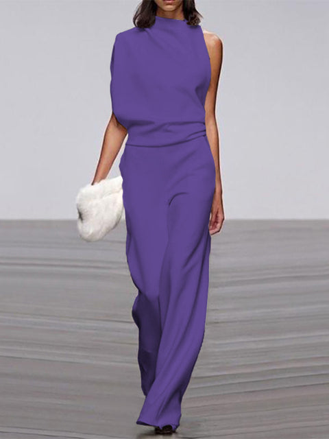 Women's Sleeveless Round Neck Jumpsuit – Flowy Wide Leg Occasion Jumpsuit