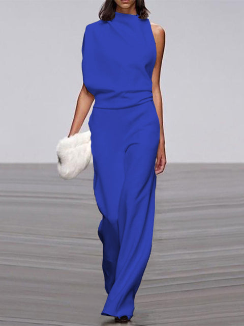 Women's Sleeveless Round Neck Jumpsuit – Flowy Wide Leg Occasion Jumpsuit