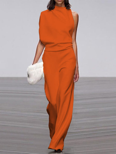 Women's Sleeveless Round Neck Jumpsuit – Flowy Wide Leg Occasion Jumpsuit