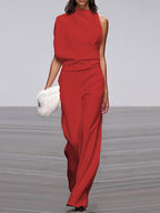 Women's Sleeveless Round Neck Jumpsuit – Flowy Wide Leg Occasion Jumpsuit