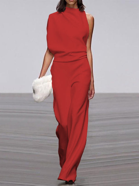 Women's Sleeveless Round Neck Jumpsuit – Flowy Wide Leg Occasion Jumpsuit