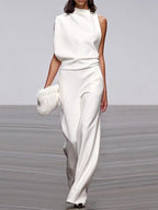 Women's Sleeveless Round Neck Jumpsuit – Flowy Wide Leg Occasion Jumpsuit
