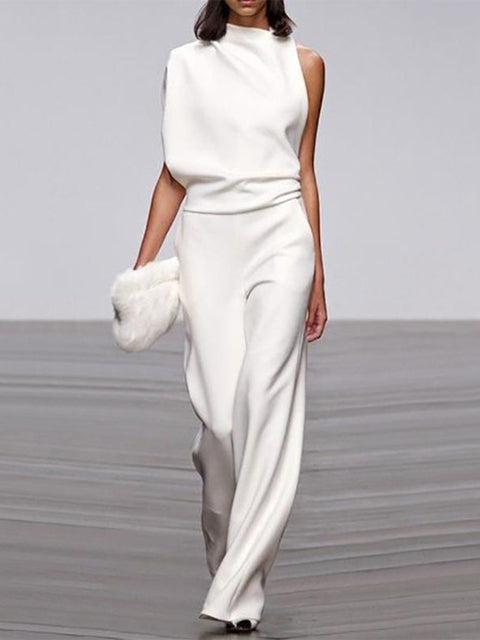 Women's Sleeveless Round Neck Jumpsuit – Flowy Wide Leg Occasion Jumpsuit