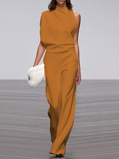 Women's Sleeveless Round Neck Jumpsuit – Flowy Wide Leg Occasion Jumpsuit