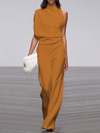Women's Sleeveless Round Neck Jumpsuit – Flowy Wide Leg Occasion Jumpsuit