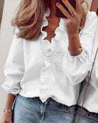 Women's Ruffle Collar Blouse – Balloon Sleeve Button Detail Blouse