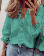 Women's Ruffle Collar Blouse – Balloon Sleeve Button Detail Blouse