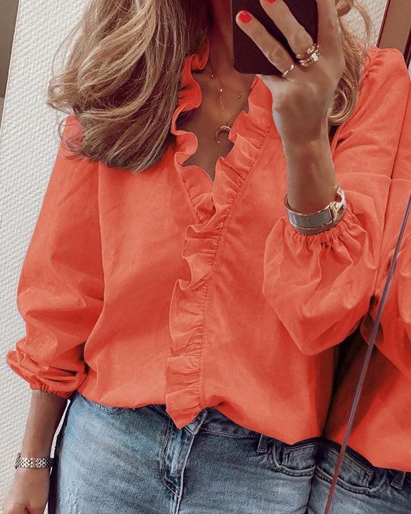 Women's Ruffle Collar Blouse – Balloon Sleeve Button Detail Blouse