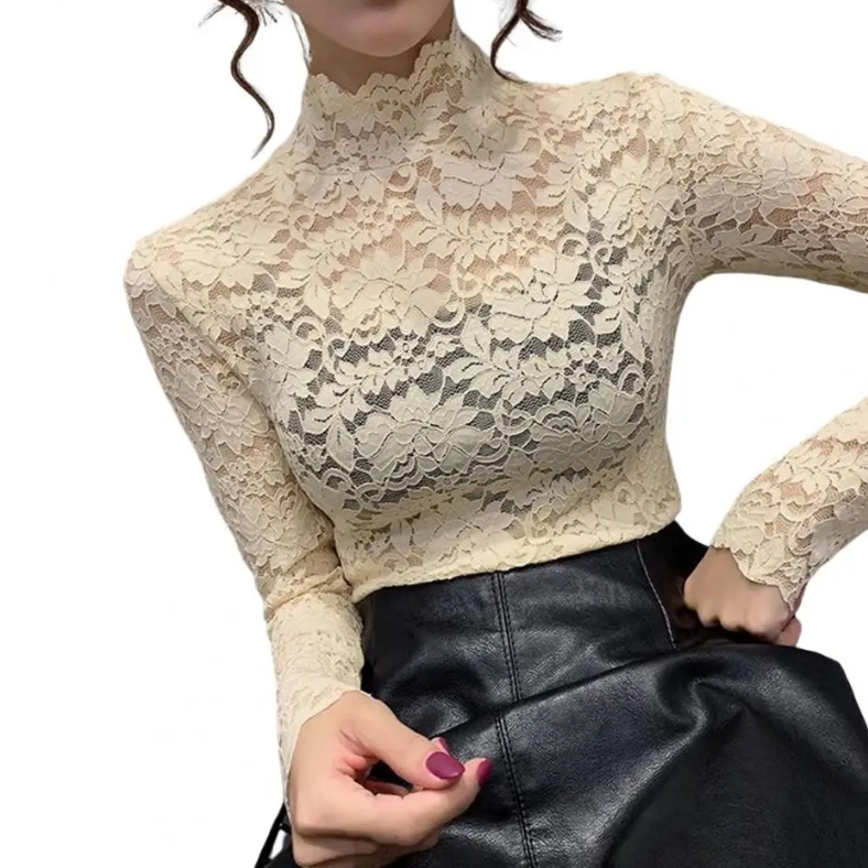Women's High Neck Lace Blouse – Long Sleeve Fitted Evening Blouse
