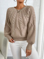 Women's Cable Knit Sweater – Balloon Sleeve Crew Neck Pullover