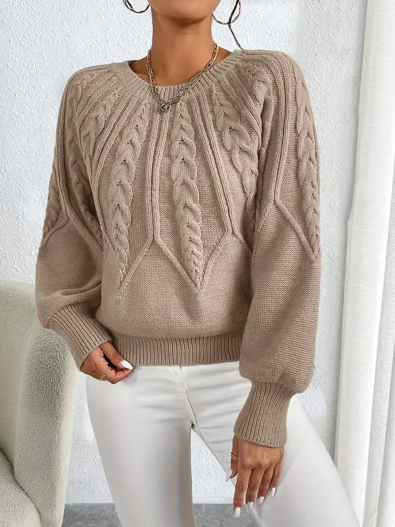 Women's Cable Knit Sweater – Balloon Sleeve Crew Neck Pullover