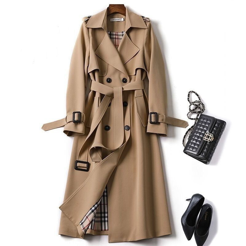 Women's Double-Breasted Trench Coat – Belted Longline Coat