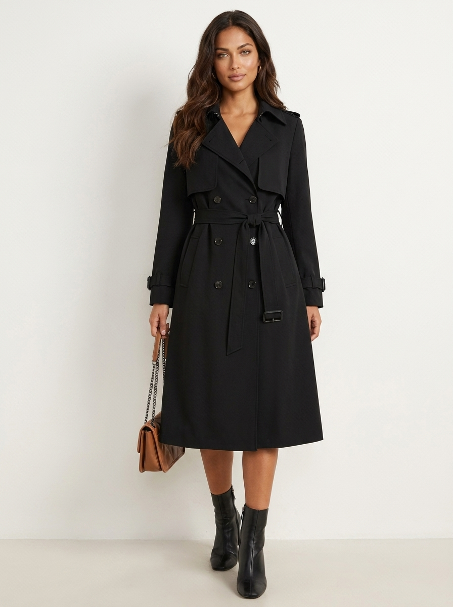 Women's Double-Breasted Trench Coat – Belted Longline Coat