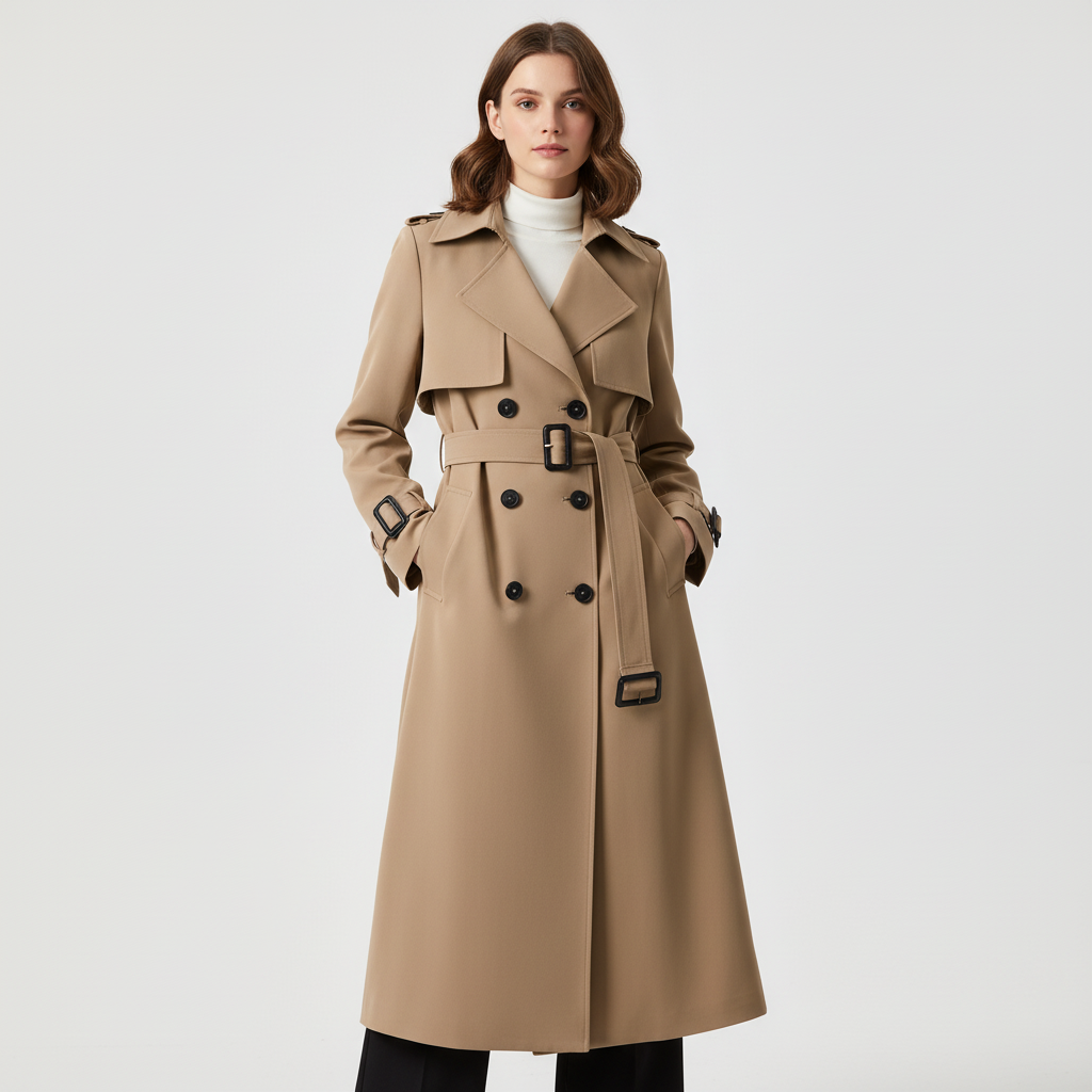 Women's Double-Breasted Trench Coat – Belted Longline Coat