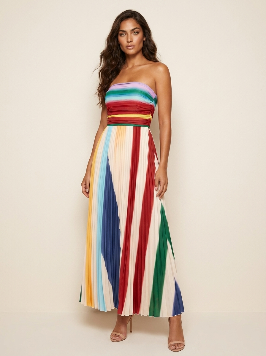 Women's Strapless Pleated Maxi Dress – Striped Flowy Formal Occasion Dress